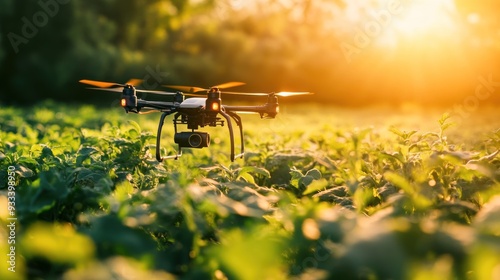 A drone equipped with a camera hovers above a green field, backlit by the golden hues of a setting or rising sun.