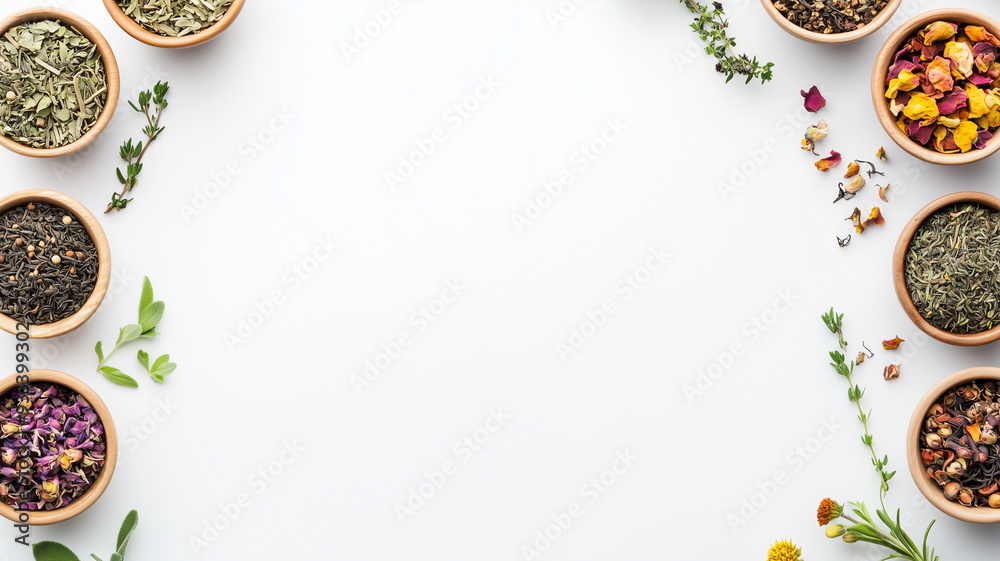 Herbal Ingredients and Tea on White Background Herbal Ingredients and Tea on White Background