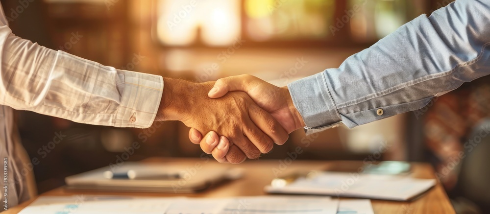 Shaking hands in office, documents on desk, business teamwork, close-up necks, cinematic light, copy space.