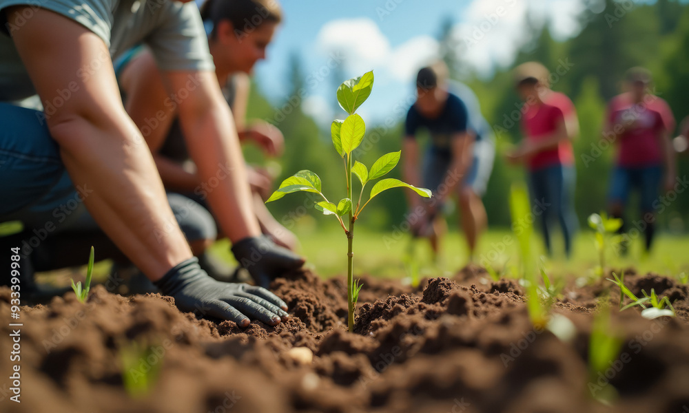 Foto de Hands planting young tree in soil, community gardening event ...