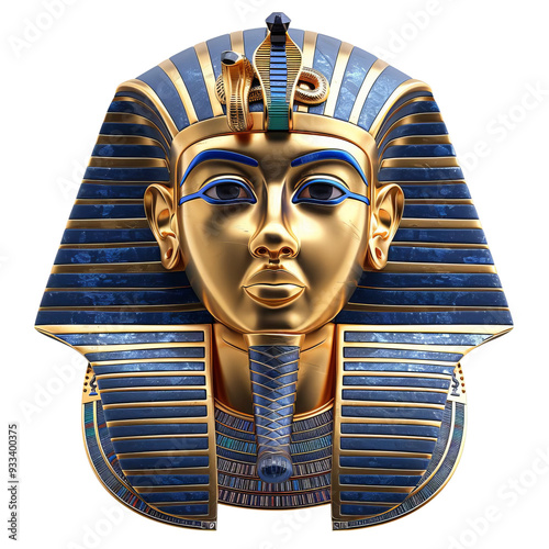 Golden mask of an ancient Egyptian pharaoh with blue headdress and cobra.