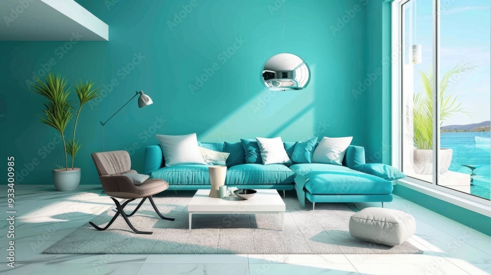 Fototapeta premium A modern living room with turquoise walls and minimalist furniture, creating a fresh atmosphere