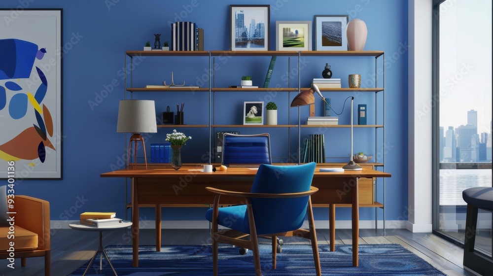 A modern office with indigo accents, including a desk lamp and artwork, creating a creative workspace A modern office with indigo accents, including a desk lamp and artwork, creating a creative workspace