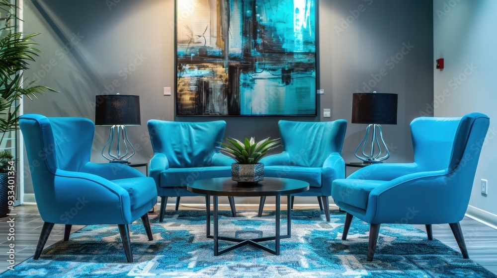 A modern office with turquoise accents, including chairs and wall art, creating an inspiring workspace A modern office with turquoise accents, including chairs and wall art, creating an inspiring workspace