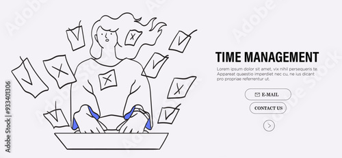 Woman taking notes scheduling and organizing work in office or making timetable for university studies. Time management, work planning. Personal productivity. Line vector illustration in doodle style.