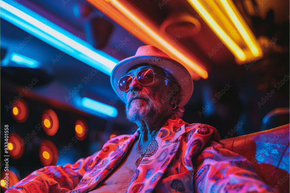 Fashionable elderly man lounges on a leather sofa, surrounded by vibrant neon lights in a trendy night club, exuding charm and sophistication in the nightlife ambiance Fashionable elderly man lounges on a leather sofa, surrounded by vibrant neon lights in a trendy night club, exuding charm and sophistication in the nightlife ambiance