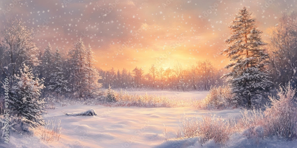 Snowy forest with a golden sunset. Snowy forest with a golden sunset.