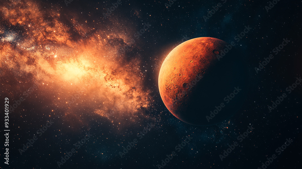 A vibrant view of a reddish planet against a backdrop of bright cosmic clouds and stars in deep space A vibrant view of a reddish planet against a backdrop of bright cosmic clouds and stars in deep space
