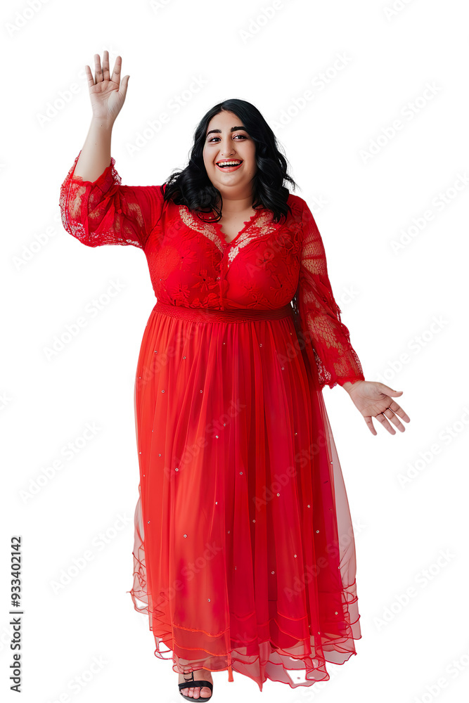 Full size body length bright happy vivid fancy young Middle Eastern chubby overweight woman 20s wears red dress looking camera smiling with one hand waving Isolated on transparent background. Full size body length bright happy vivid fancy young Middle Eastern chubby overweight woman 20s wears red dress looking camera smiling with one hand waving Isolated on transparent background.