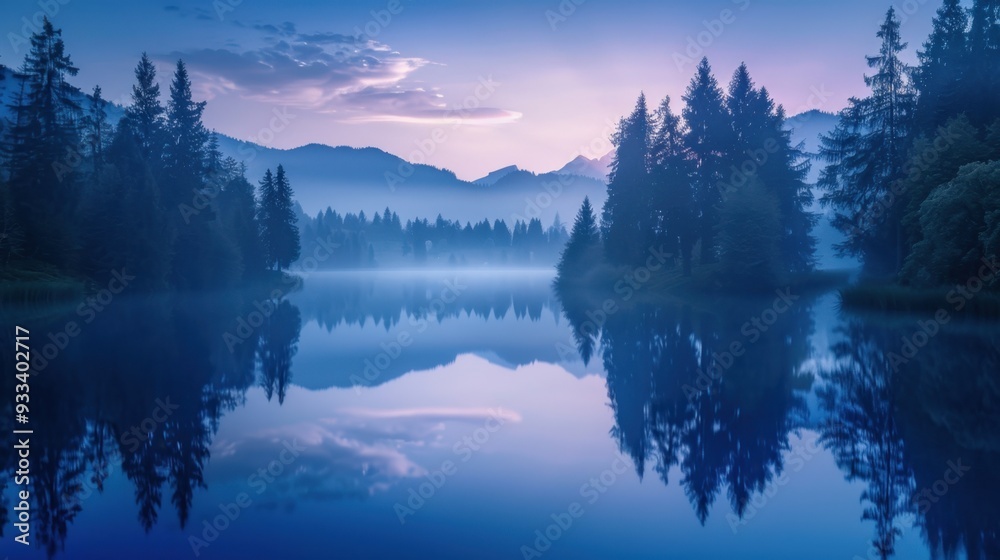A serene lake reflecting an indigo sky at dusk, surrounded by tall trees A serene lake reflecting an indigo sky at dusk, surrounded by tall trees