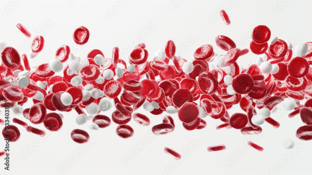 A close-up view of red blood cells, white blood cells, and platelets flowing through a vein A close-up view of red blood cells, white blood cells, and platelets flowing through a vein