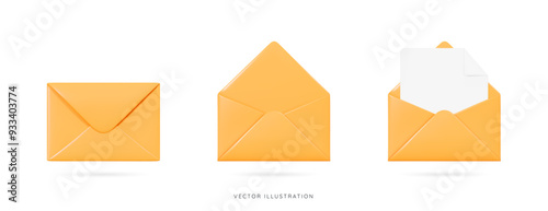 3D Yellow envelopes icon set. Open and close letters. Subscribe to newsletter. Email message. Send post card. Envelope with document. Mail notification. Cartoon design icons. 3D Vector illustration