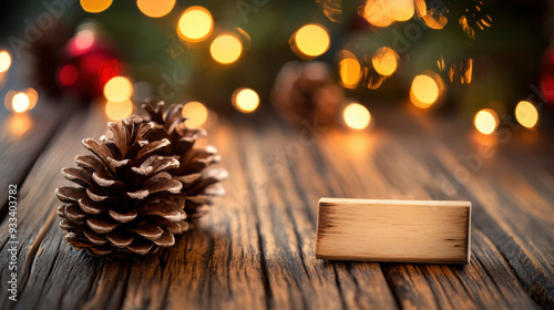 A wooden table with a pine cone and christmas lights, AI