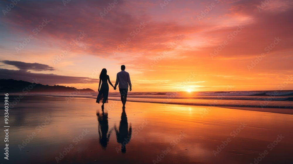 A couple walking hand-in-hand along a beach at sunset, their silhouettes against the vibrant sky, capturing the essence of love and companionship A couple walking hand-in-hand along a beach at sunset, their silhouettes against the vibrant sky, capturing the essence of love and companionship
