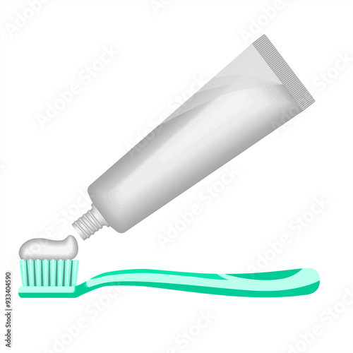 Toothbrush & toothpaste on white background. Dental hygiene, dentist symbol. Health care, toothpaste, oral cleaning. For dental hygiene illustrations. Flat design for apps and websites. Vector EPS 10