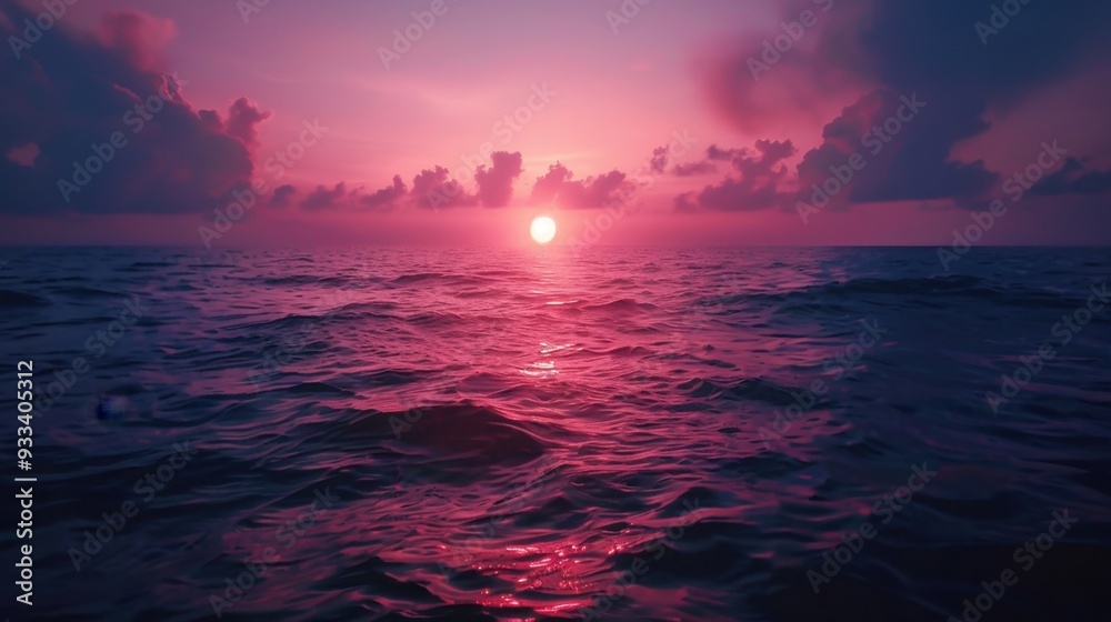 A sunset over the ocean with the sky transitioning from pink to deep indigo A sunset over the ocean with the sky transitioning from pink to deep indigo