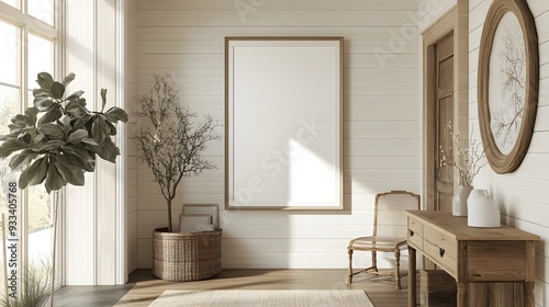 A mockup of a white background frame showcasing a modern farmhouse inspired entryway with shiplap walls vintage inspired furnishings and natural light flooding the space photo