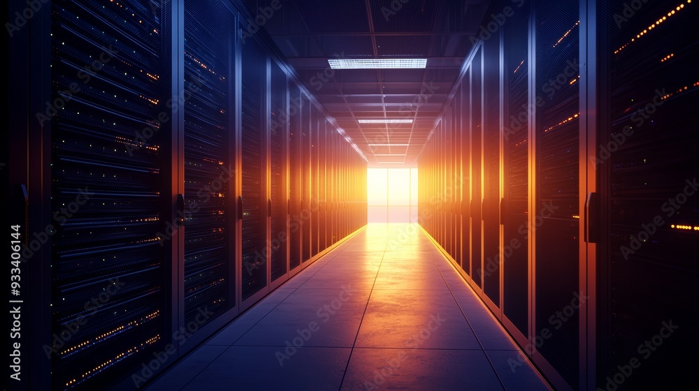 Early morning data center with rows of servers illuminated by blinking lights. Rows of servers with blinking LEDs define the atmosphere of a dawn-lit data center. Early morning data center with rows of servers illuminated by blinking lights. Rows of servers with blinking LEDs define the atmosphere of a dawn-lit data center.
