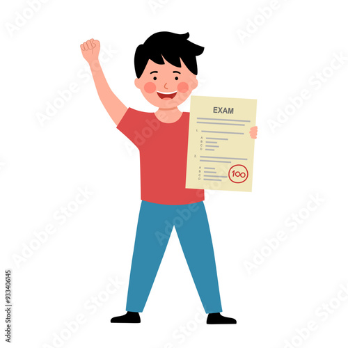 Happy boy student holding his excellent exam test result report.
