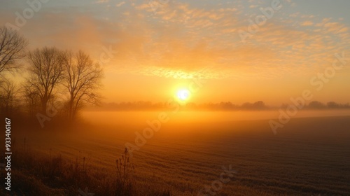 A field with trees and a sun setting in the distance, AI