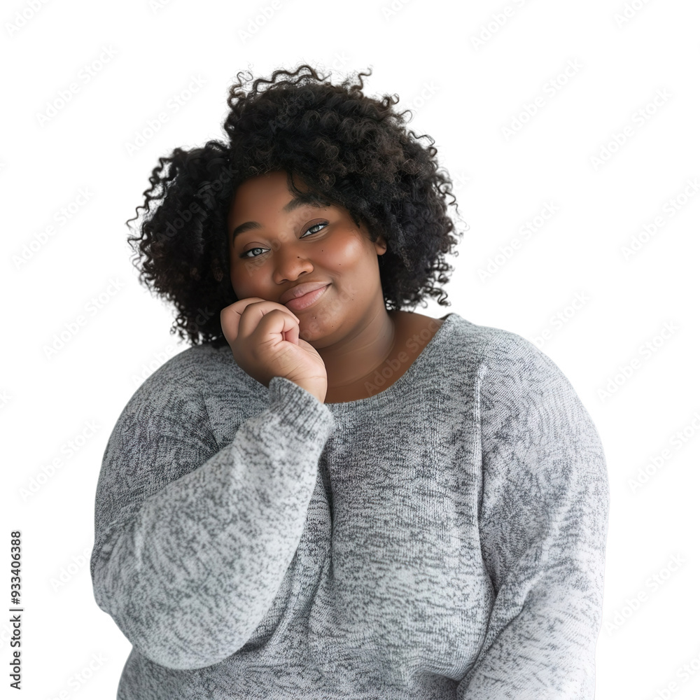 Full size body length bright happy vivid fancy young black chubby overweight woman 20s wears grey sweater looking camera smiling with one hand touching face Isolated on transparent background. Full size body length bright happy vivid fancy young black chubby overweight woman 20s wears grey sweater looking camera smiling with one hand touching face Isolated on transparent background.