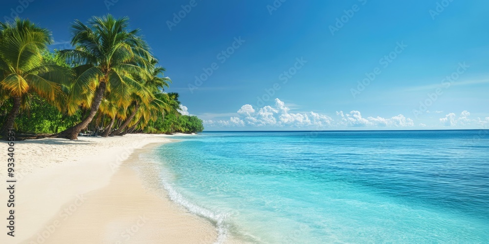 Fototapeta premium Palm trees on white sand beach by turquoise ocean.