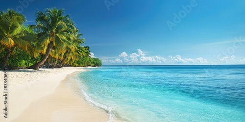 Palm trees on white sand beach by turquoise ocean.