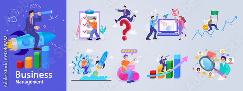 Financing business activities. Set of people in various activities of online business, startup, management, project development, communication, social media, data analysis. Business concept. vector