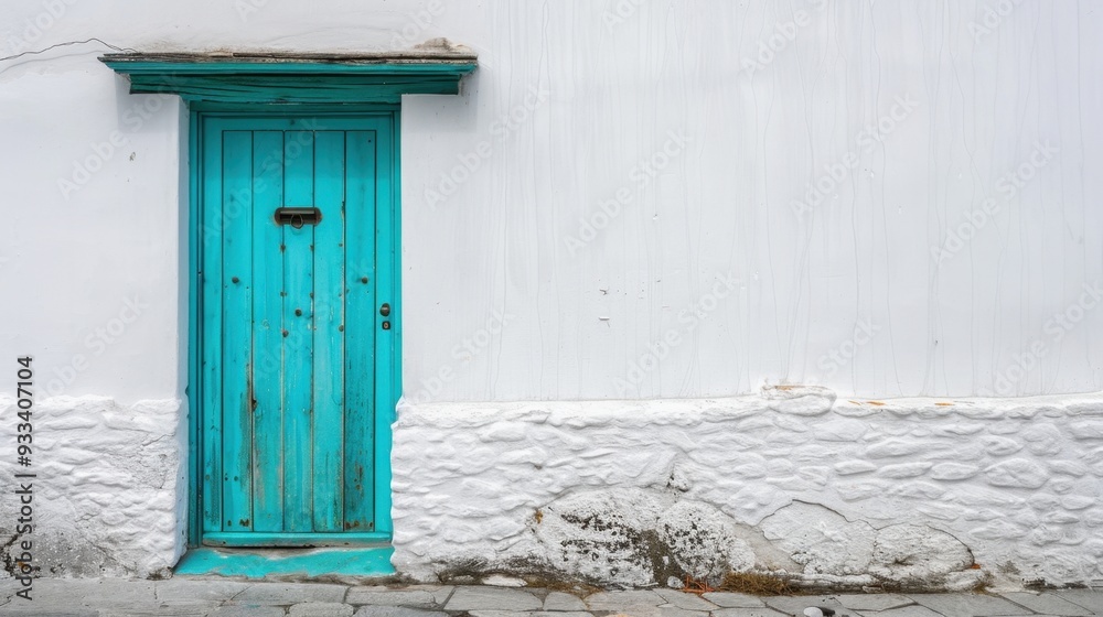 A vibrant turquoise door on a whitewashed building, creating a striking contrast A vibrant turquoise door on a whitewashed building, creating a striking contrast