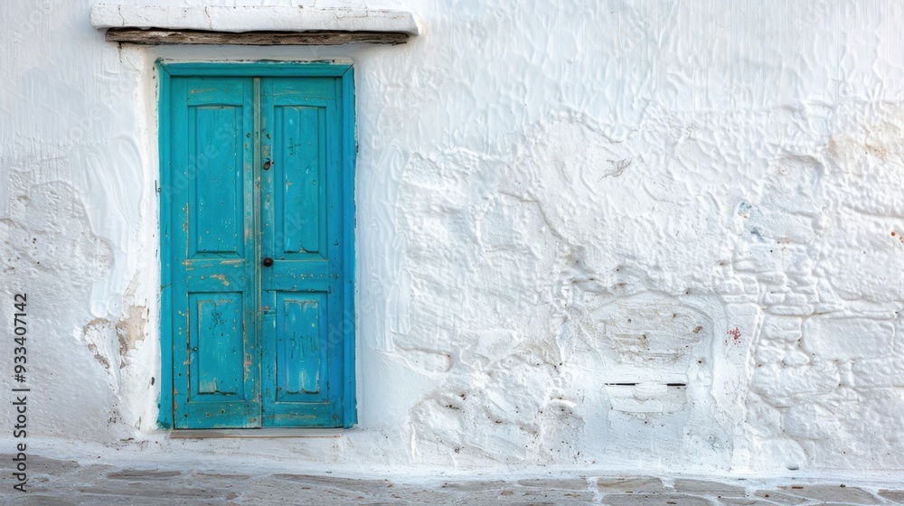 A vibrant turquoise door on a whitewashed building, creating a striking contrast A vibrant turquoise door on a whitewashed building, creating a striking contrast