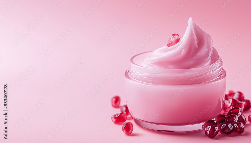 Jar of cosmetic cream with pomegranate extract on solid pink background, front view. Space for text, empty space. Mask for face. Jar of cosmetic cream with pomegranate extract on solid pink background, front view. Space for text, empty space. Mask for face.