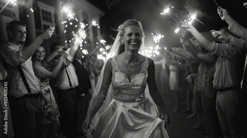 The bride smiles brightly as friends create a sparkling atmosphere, celebrating her special night under the stars photo