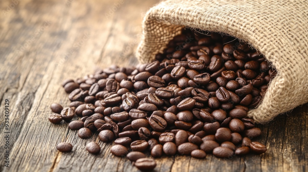 Coffee beans spilling out of a burlap sack onto a rustic wooden surface Coffee beans spilling out of a burlap sack onto a rustic wooden surface