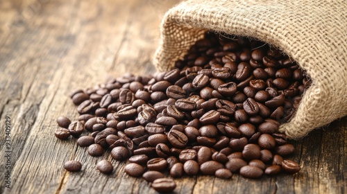 Coffee beans spilling out of a burlap sack onto a rustic wooden surface