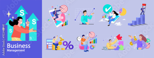 Financing business activities. Set of people in various activities of online business, startup, management, project development, communication, social media, data analysis. Business concept. vector
