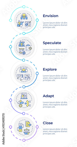 Agile project management infographic design template. Business planning, envision. Data visualization 5 options. Process vertical flow chart. Montserrat SemiBold, Lato Regular fonts used