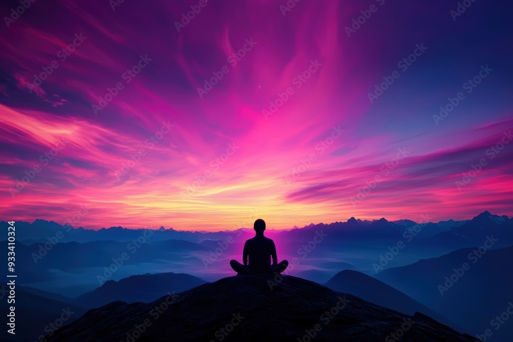 Person meditates atop a mountain during a vibrant sunset. The colorful sky and peaceful surroundings create a serene atmosphere perfect for reflection and mindfulness. Person meditates atop a mountain during a vibrant sunset. The colorful sky and peaceful surroundings create a serene atmosphere perfect for reflection and mindfulness.