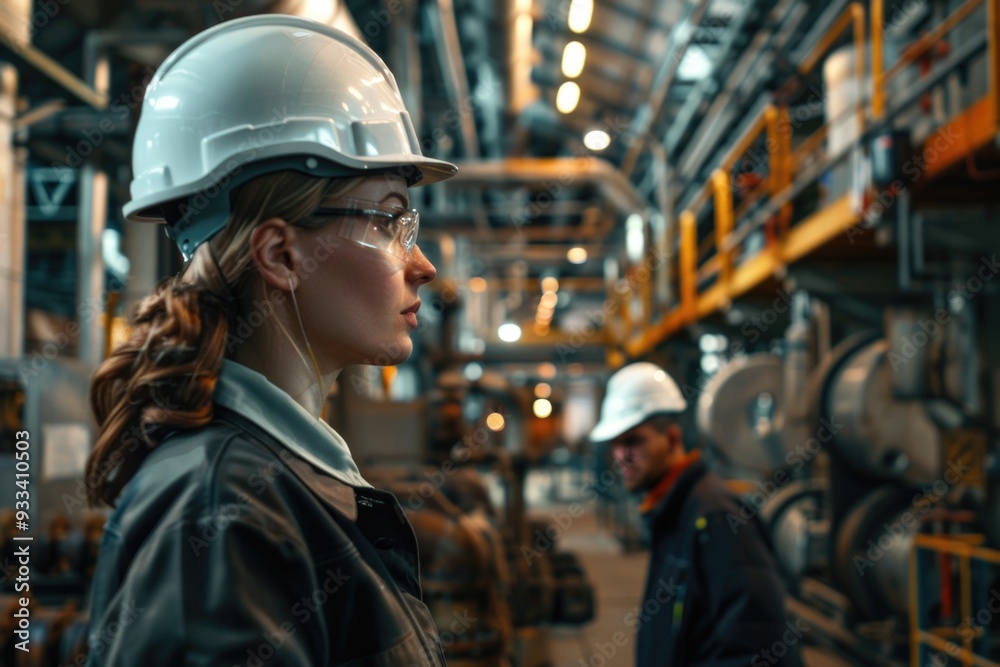 A woman wearing a hard hat and protective gear works in a busy industrial setting A woman wearing a hard hat and protective gear works in a busy industrial setting