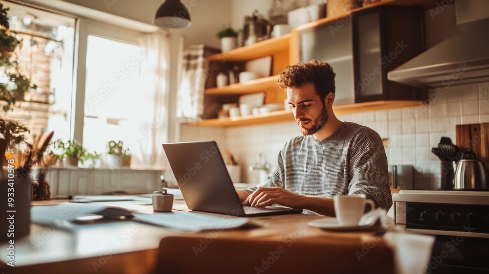 Freelancer reviewing notes while working on a laptop at a kitchen counter with a cup of tea Freelancer reviewing notes while working on a laptop at a kitchen counter with a cup of tea