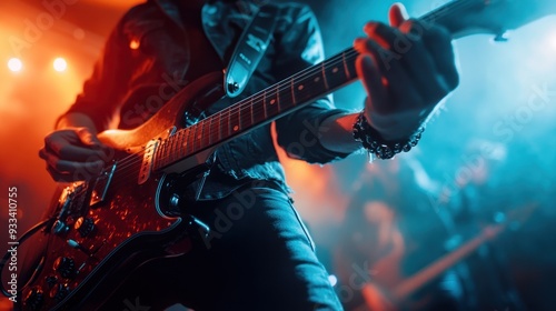 Guitarist playing an electric guitar in a rock band during a live performance, with dynamic lighting