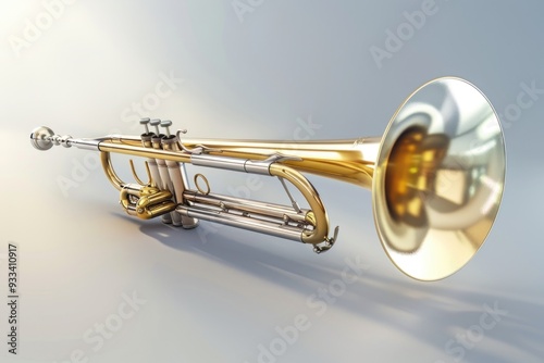 A golden trumpet sits atop a table, perfect for use in interior design, advertising, or music-themed illustrations photo