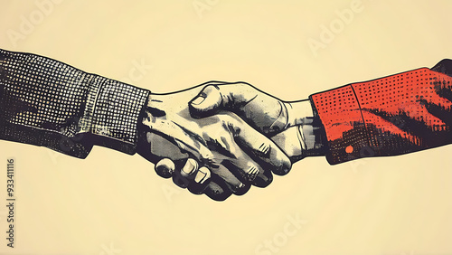 Hands reach out to each other. Handshake. Halftone retro hands. Paper cutout elements. Trendy vintage newspaper parts. Make a deal. Successful agreement. Hands tied with thread. Shaking hands