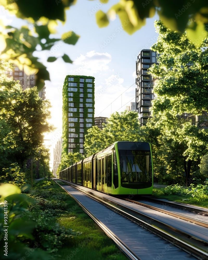A modern tram glides through a lush green urban landscape A modern tram glides through a lush green urban landscape