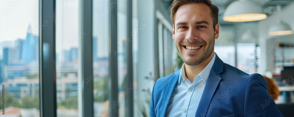 Smiling businessman in a blue suit, close-up portrait, standing against a modern office interior with cityscape view, copy space on the right. Smiling businessman in a blue suit, close-up portrait, standing against a modern office interior with cityscape view, copy space on the right.