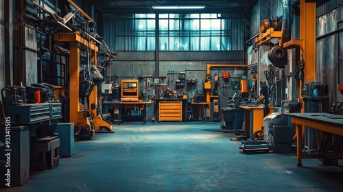 Industrial equipment and tools neatly arranged in a well-lit maintenance workshop