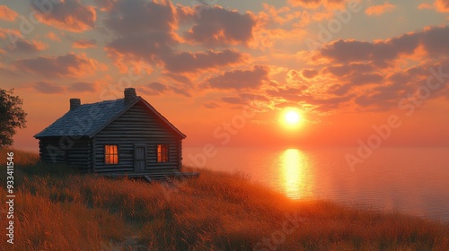 A serene sunset over a lake with a rustic cabin.