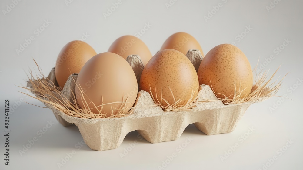 A close-up of six fresh brown eggs in a cardboard tray with straw, A close-up of six fresh brown eggs in a cardboard tray with straw,