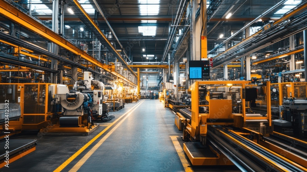 Fototapeta premium Manufacturing facility with large machinery, conveyor belts, and a busy production floor