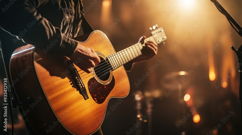 Obraz premium Musician playing an acoustic guitar on stage with warm lighting and a microphone nearby