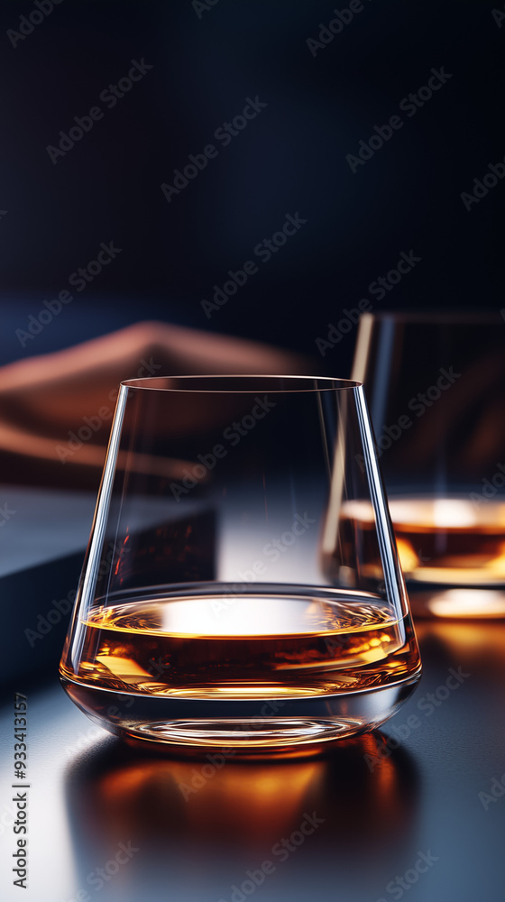 Whiskey glasses against a dark background, rich amber tones of the liquid and the sleek, reflective surfaces of the glass Whiskey glasses against a dark background, rich amber tones of the liquid and the sleek, reflective surfaces of the glass